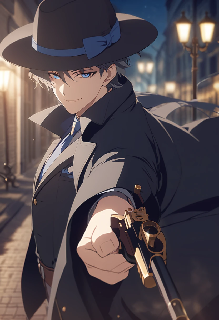 masterpiece,best quality,depth of field,8k,뷰어를 Overlooking,man,dark gray hair,blue eyes,(charismatic eyes 1:1),chic,black hair,Blue Eyes,wrote deerstalker,Light brown striped frock coat with cape,cigarette in mouth,with arms crossed,male,Overlooking,Short hair,alone,Smiling