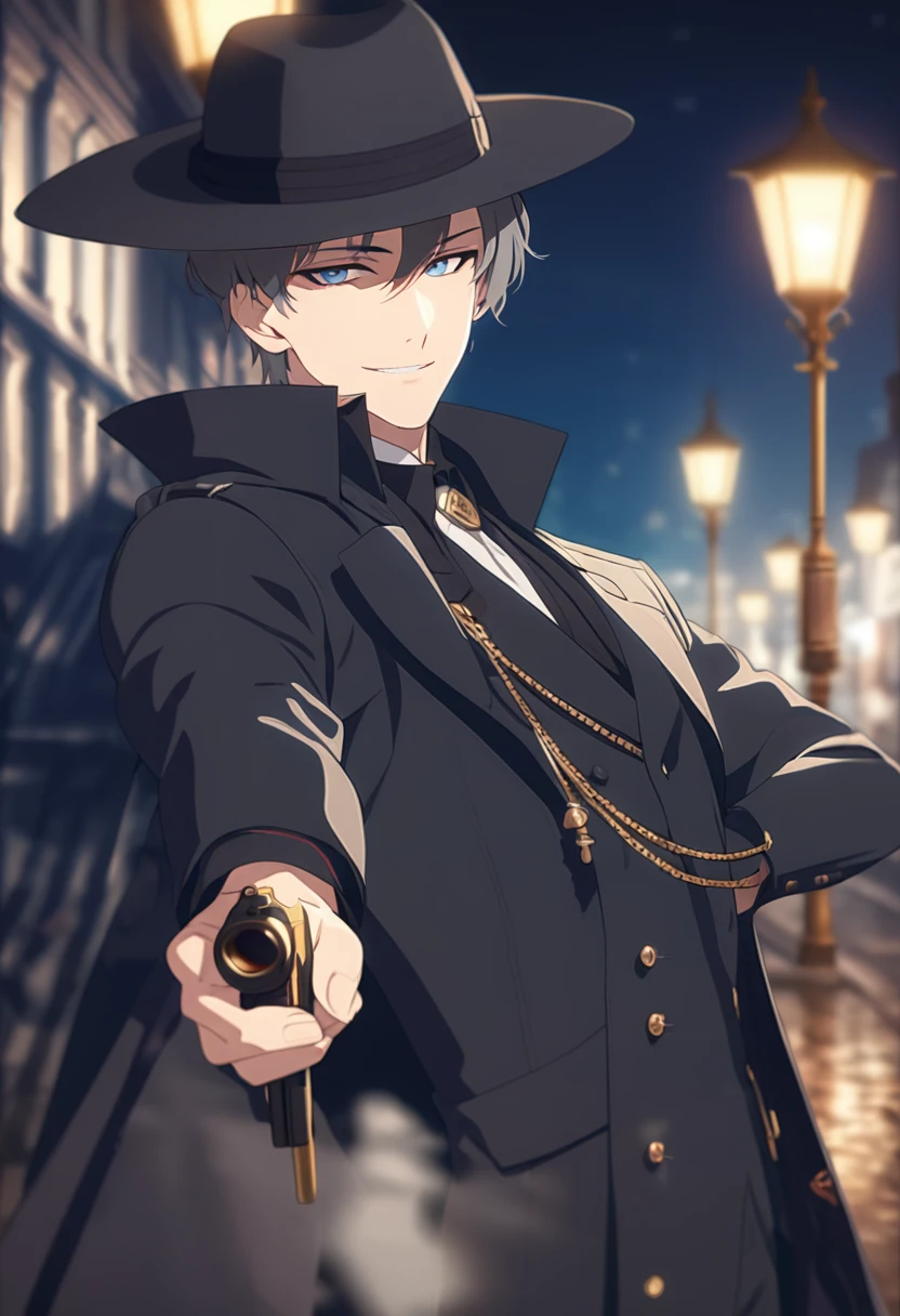 masterpiece,best quality,depth of field,8K,looking at the viewer,dark gray hair,blue eyes,man,close,Street lamp,black long coat,square black panama hat,An old-fashioned and sophisticated Colt Peacemaker pistol is pointed at the viewer.,smiling,male,(charismatic eyes 1;1),wseifuku,chic,male