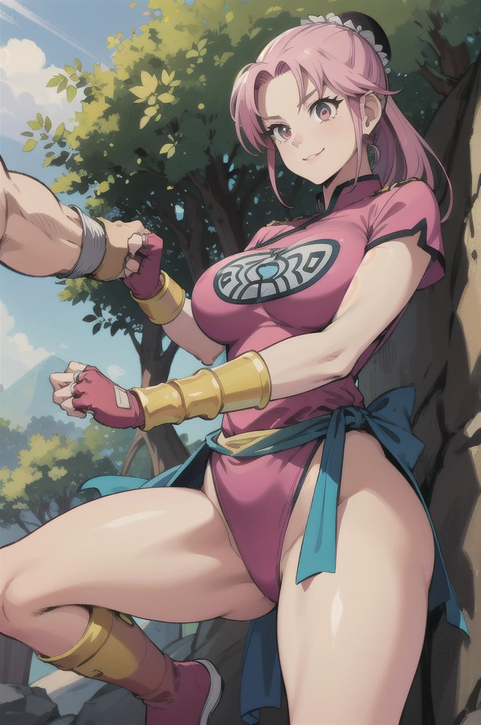 maam,big breasts,beautifuleyes,narrow waist,realistic,solo,outdoor,forest, martialMaam,pink hair,hair bun,long hair,china dress,short sleeves,sash,fingerless gloves,beautiful legs, smile, clenched fists, action pose,:1.1), lady, dragon quest