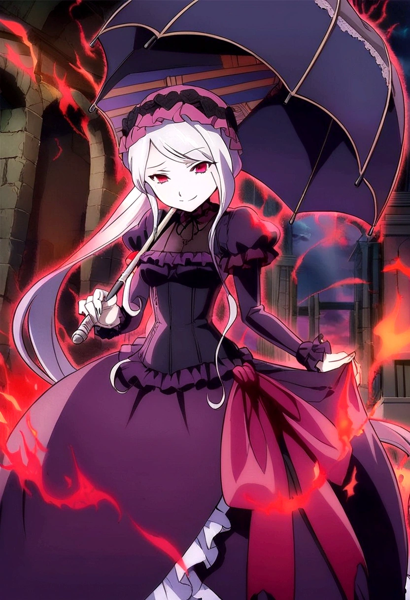 anime girl with umbrella in a dark dress with red flames, gothic maiden anime girl, must tear from the overlord, will tear the fallen blood, demon anime girl, I vampire, offcial art, offcial art do anime, anime style like fate/stay overnight, gapmoe yandere grimdark, Anime main art, 1 18 year old goth anime girl in lingerie