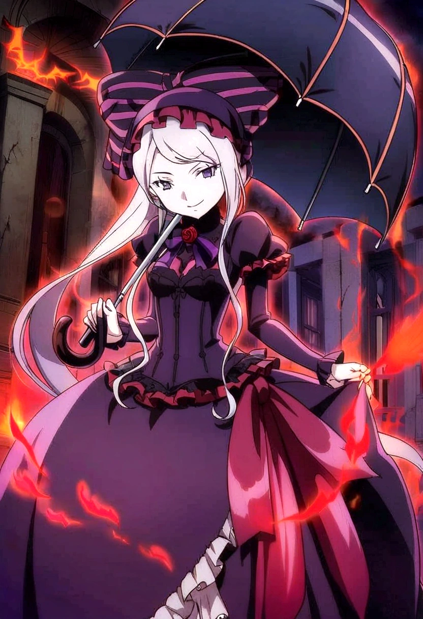 anime girl with umbrella in a dark dress with red flames, gothic maiden anime girl, must tear from the overlord, will tear the fallen blood, demon anime girl, I vampire, offcial art, offcial art do anime, anime style like fate/stay overnight, gapmoe yandere grimdark, Anime main art, 1 18 year old goth anime girl in lingerie