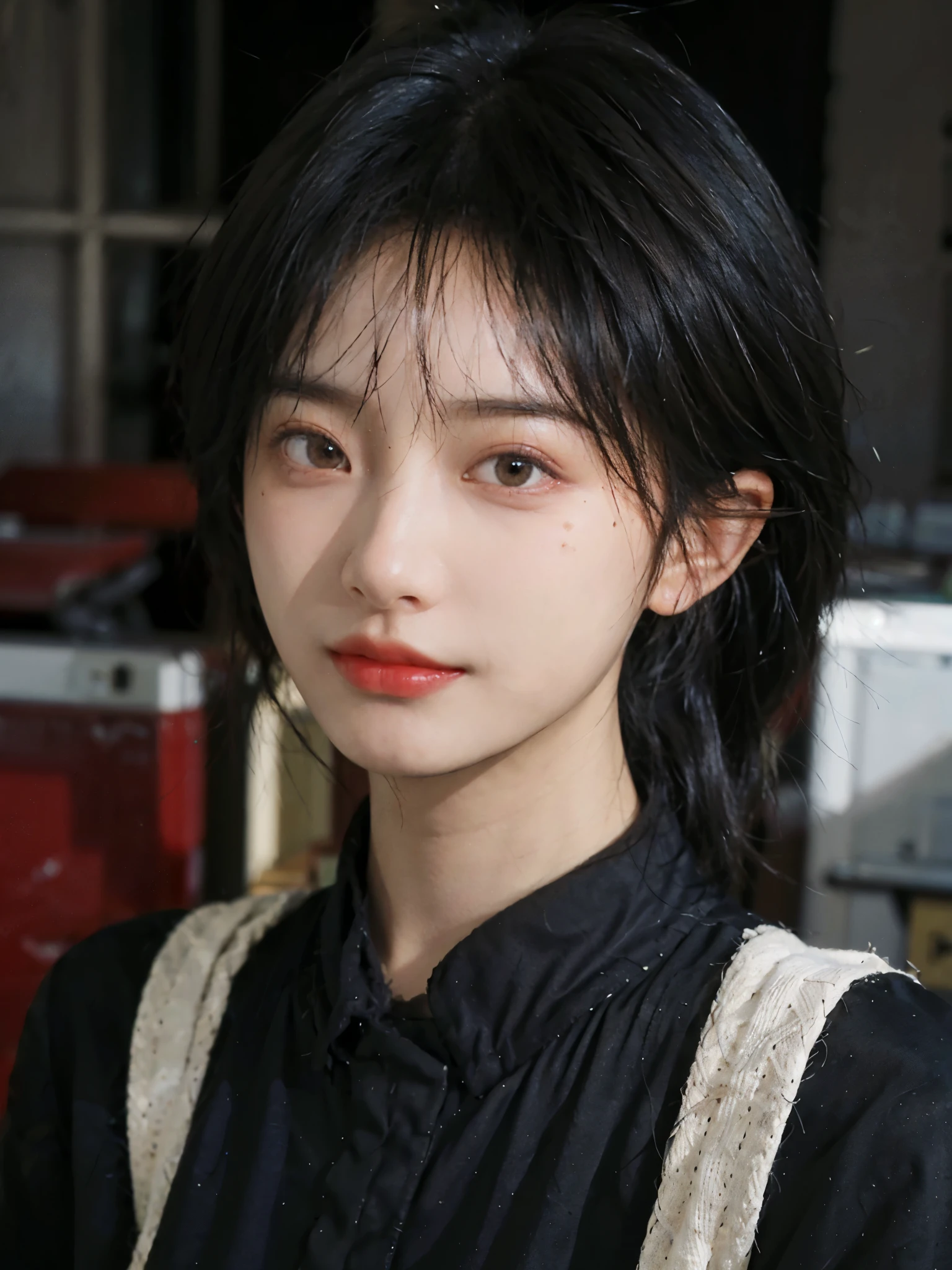 (Skin details:1.4), (smooth skin textures:1.3), (Upper body:1.4),(Upper Body:1.3),(Black clothes:1.4),Lipstick, background, earrings, serene, calm, (Realistic and detailed eyes:1.2), Natural skin texture, Realistic facial details, Soft dramatic lighting, Vivid details, 35 mm film, outdoor, (Photo Practical:1.4), (hyper Practical:1.4), (Practical:1.3), (Smoother lighting:1.05), (Improve lighting quality:0.9), (Highest quality real skin textures:1.4), Exquisite eyes, Delicate face, Close-up of face, (Enhance the beauty of skin texture:1.1),0Normal body proportions, short hair, Moles under the eyes, A faint smile,Portrait Photography, Depth of Field, Bokeh, Surrealism, Ray Tracing, (Portrait Photography:1.1), Surrealism, High Detail, Chiaroscuro, Ray Tracing, reflected light, Ultra HD, Ultra HD, masterpiece, Textured Skin, Super Detail, High Detail, high quality, best quality