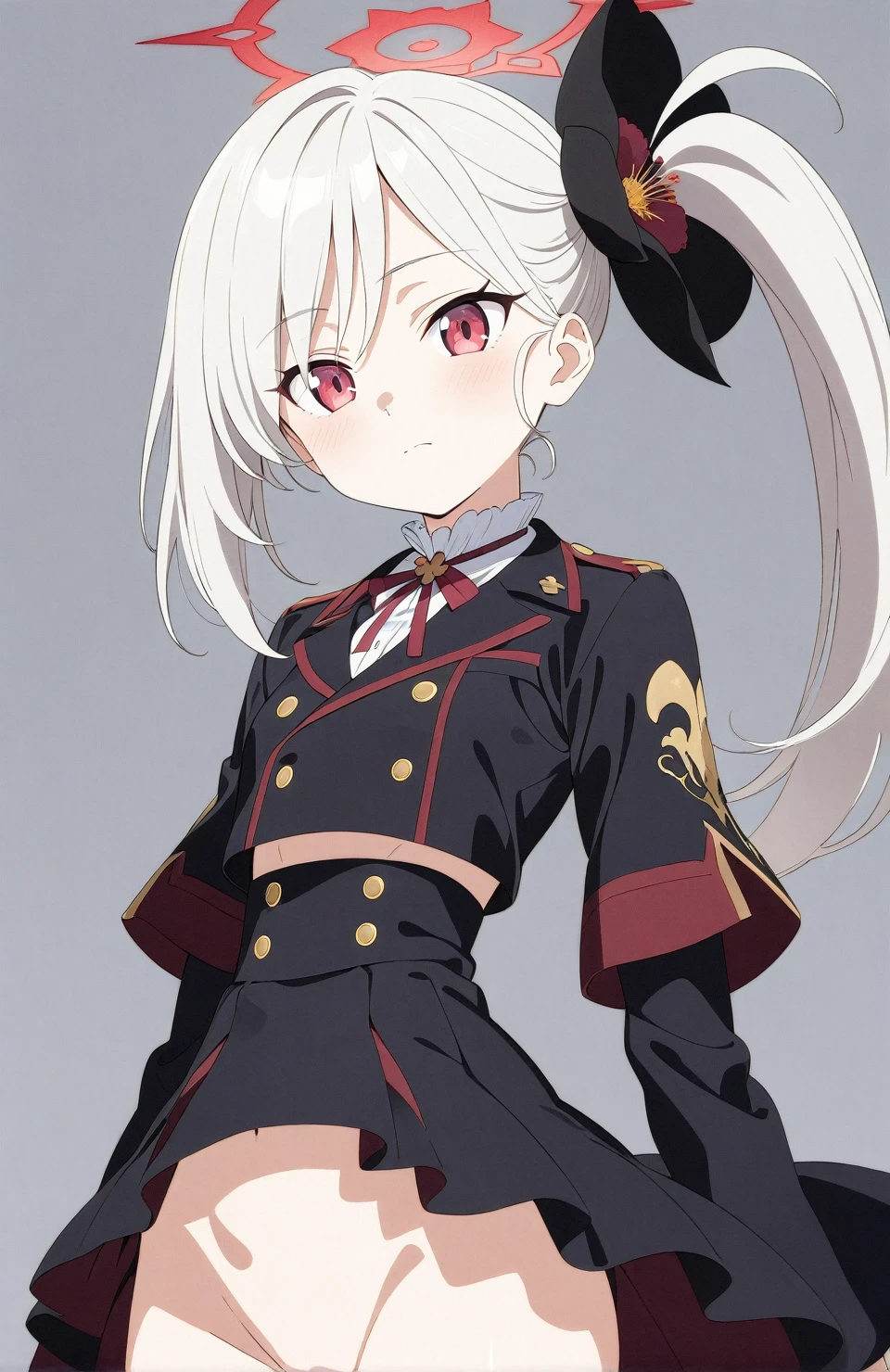 (masterpiece), (best quality), (ultra-detailed), very aesthetic, illustration, perfect composition, intricate details, absurdres, detailed face, (intricate),1girl, (1girl, mutsuki, blue archive, solo, red eyes, white hair, side ponytail, small breasts), nipple,perfect face, 4k, extremely detailed anime illustration,, enhanced details,cowboy shot,perfect anatomy,smooth skin, (gray background), cristal clear eyes, beautiful face,(anime style:1.5), (highres),