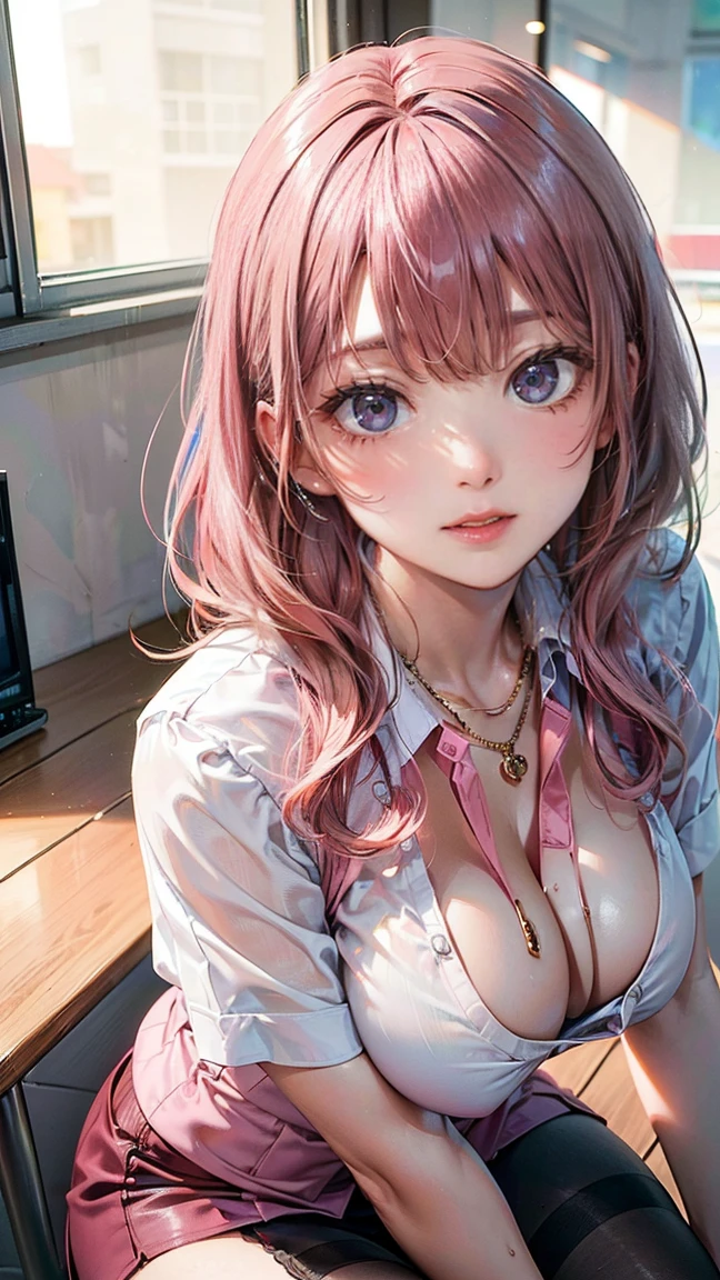 (Masterpiece, BestQuality:1.3), (ultra detailed:1.2), (hyperrealistic:1.3), (RAW photo:1.2), High detail RAW color photo, professional photograph, (Photorealistic:1.4), (realistic:1.4), professional lighting, perfect anatomy, (Big Breasts:1.2), (blush, detailed face), (cheerful Smile:1.5), (Pink Hair:1.5), Trending Hair&Trending Hairカラーをランダムに, earrings, necklace, bracelet, sexly, erotic sexly, Random sexy gravure poses, (A career woman in a tight office suit、Smiling seductively while wearing glasses in a conference room。The combination of mini skirt and stockings is sexy。: 1.3)