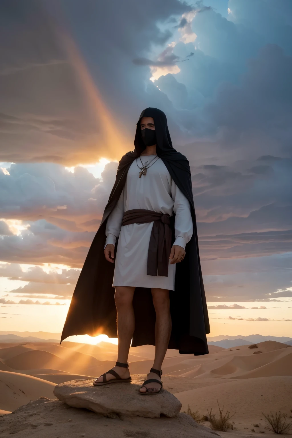 "I would like an image that represents the temptation of Jesus in the desert. The scene must show Jesus, wearing simple clothes and sandals, standing on a rock in an arid, mountainous desert. He must have a calm expression, but resolute. Beside him, the devil must be present, represented as a shadowy figure with wings, wearing a dark cloak, and with a cunning look, perhaps offering bread or pointing to the world below as in some traditions. Ao fundo, a dramatic sky with heavy clouds and sun rays penetrating, symbolizing the struggle between good and evil."