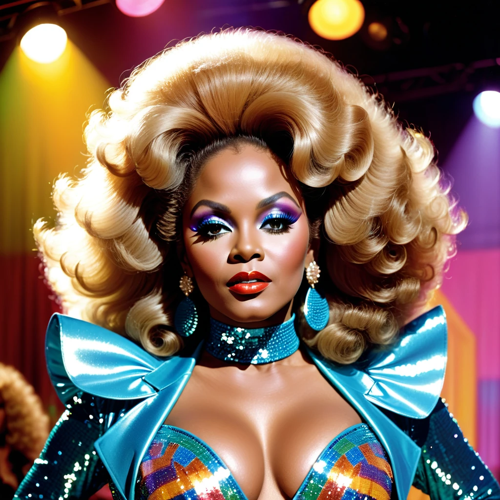 A closeup photo of a fictional 1970s female R&B superstar named Cookie Eaton. She has a confident and glamorous expression, with stylishly voluminous hair, possibly an afro, and wearing large hoop earrings. Her makeup is bold with vibrant eye shadow and glossy lips. She is dressed in a sparkling, sequined outfit, typical of 1970s fashion. The background is a blurred stage with colorful lights, giving a sense of her performing in a lively concert. The image captures the essence of 1970s R&B glamour and style.