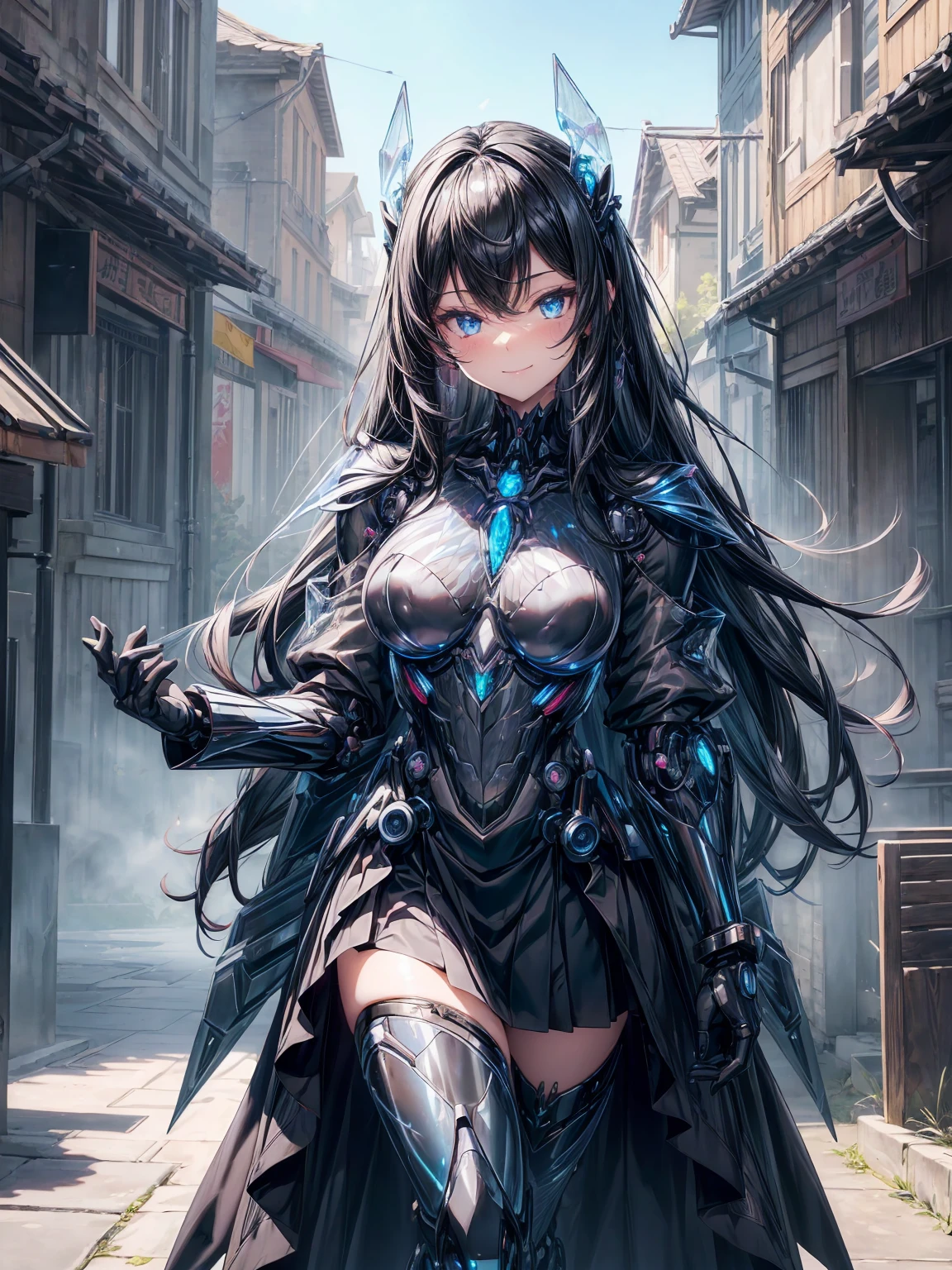 (8k), (hyper detailed), (ultra quality), (masterpiece), (anime), (detailed machine), (beautiful girl), (beautiful background), (beautiful body), petite, small breast, slim legs, silky black hair, extra long hair, voluminous hair, detailed beautiful purple eyes,cape, fusion robot, (mechanical armored), machine raped