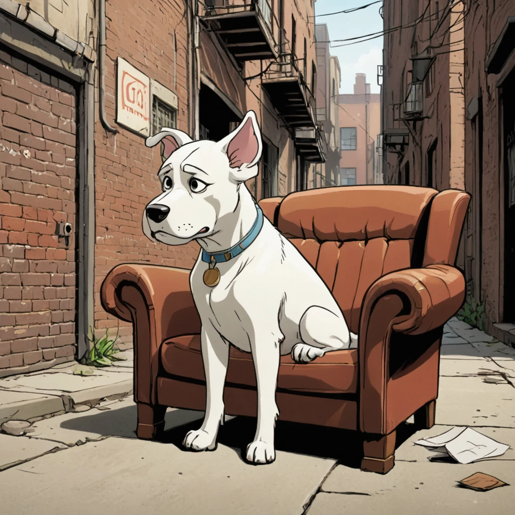 cartoon illustration of a medium-sized white dog, with long downturned floppy ears ears and a short tail sitting on an old armchair in the background of an alley with a serious expression
