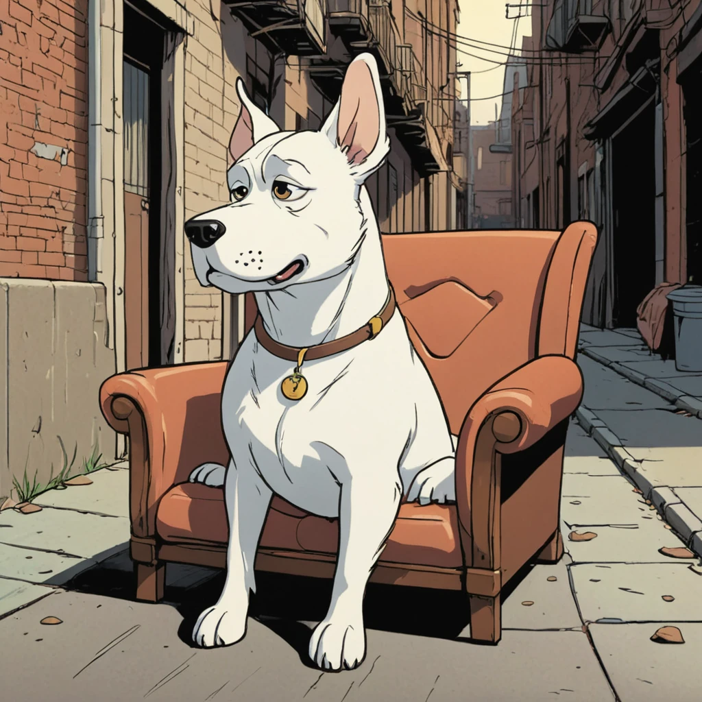  cartoon illustration of a medium-sized white dog, with long downturned floppy ears  ears and a short tail sitting on an old armchair in the background of an alley with a serious expression      