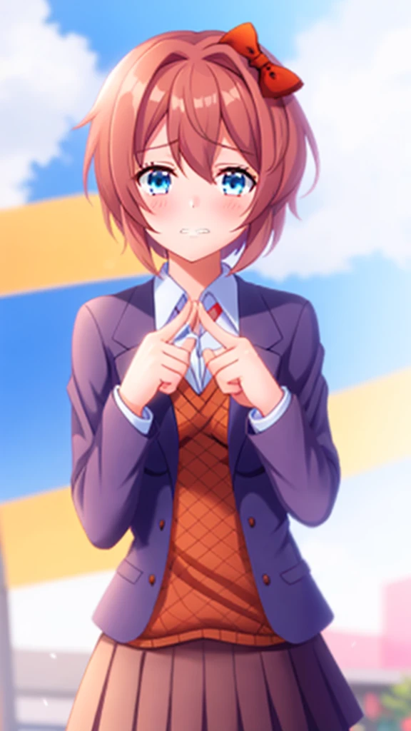 one girl, Sayori, DDLC, Doki Doki Literature Club, hair bow, school blazer, light blue eyes, index fingers together, shy, try to smile awkwardly, feel sorry, Ehehe~, teeth, shifty eyes, girl don't look at me