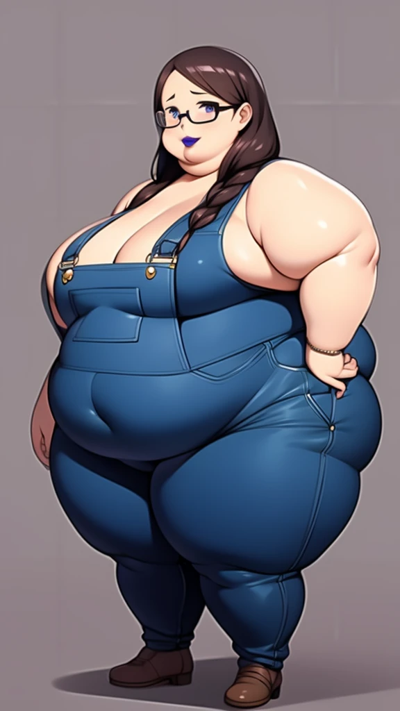 Anime Women, Adult female、Detailed face、amount、amount、Braided Pigtails、Long Hair、Glasses、Sharp eyes、Thick lips、Purple Lipstick、Painted lips、Very fat、Chubby、obesity、obesity体、Double chin、Cheek、Thick neck、Big Breasts、Saggy breasts、Thick upper arms、Thick arms、thick fingers、Fat belly、Flabby belly、Flabby bellyの脂肪、Thick legs、Big Ass、Back fat、bulging fat、Brown clothes、Brown Overalls