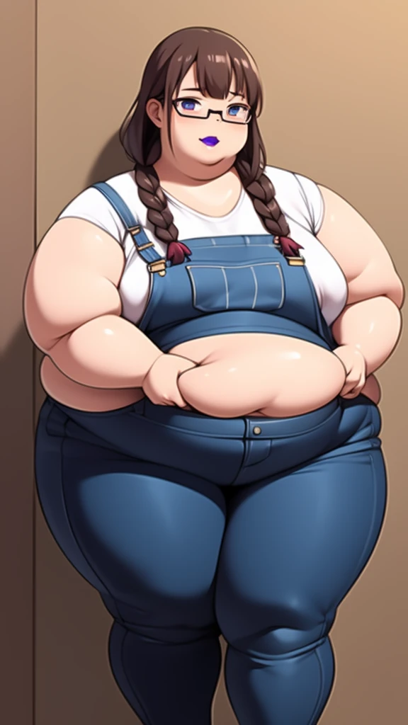 Anime Girls, Brown Hair, Forehead、Short Hair、Curly hair、Afro、Glasses、Brown eyes, Are fat、Chubby、Voluptuous、obesity、Denim jumpsuit、Jumper、Sweat、blush