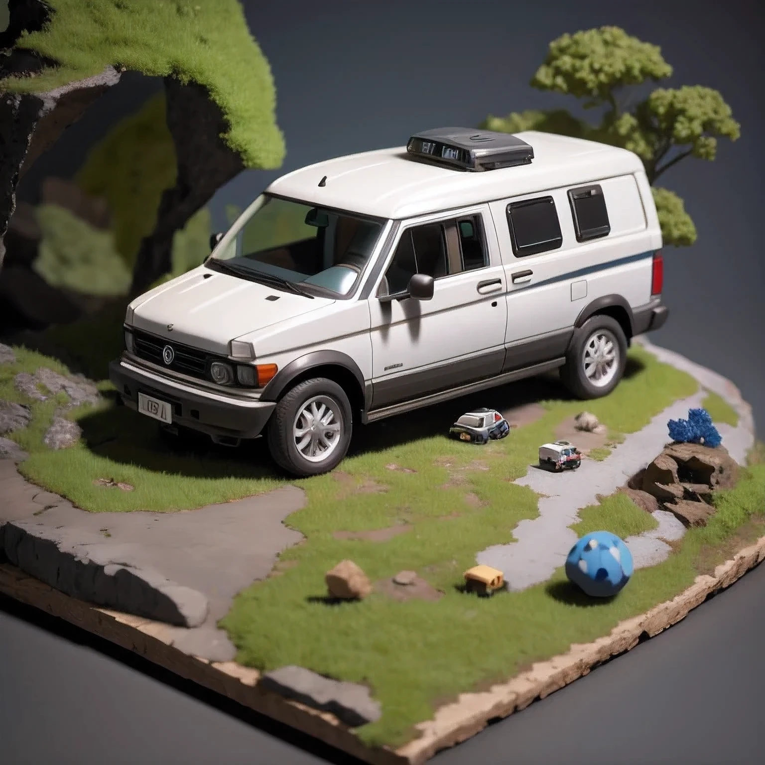 there is a small model of a camper van in a cave, stylized 3d render, 3d illustration, 3 d illustration, highly detailed diorama, 3 d low poly render, 3d low poly render, low poly 3 d, highly detailed sculpey diorama, lowpoly, low poly render, diorama model, low poly 3 d render, diorama