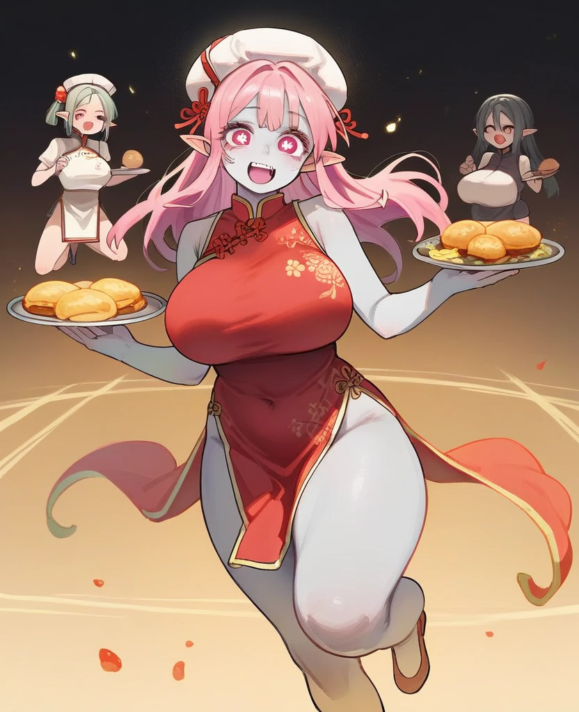 NSFW,whole body,Full Art,One Girl,girl(Elf,Zombie Girl,Grey Skin,,Pink Hair,Long Straight Hair,Pink Eyes,Sparkling Eyes,white hunting hat,China dress,Big Breasts,giant breasts,Provocative smile,Big Thighs,Brat),Chinese Kitchen,Holding a tray of food,running
