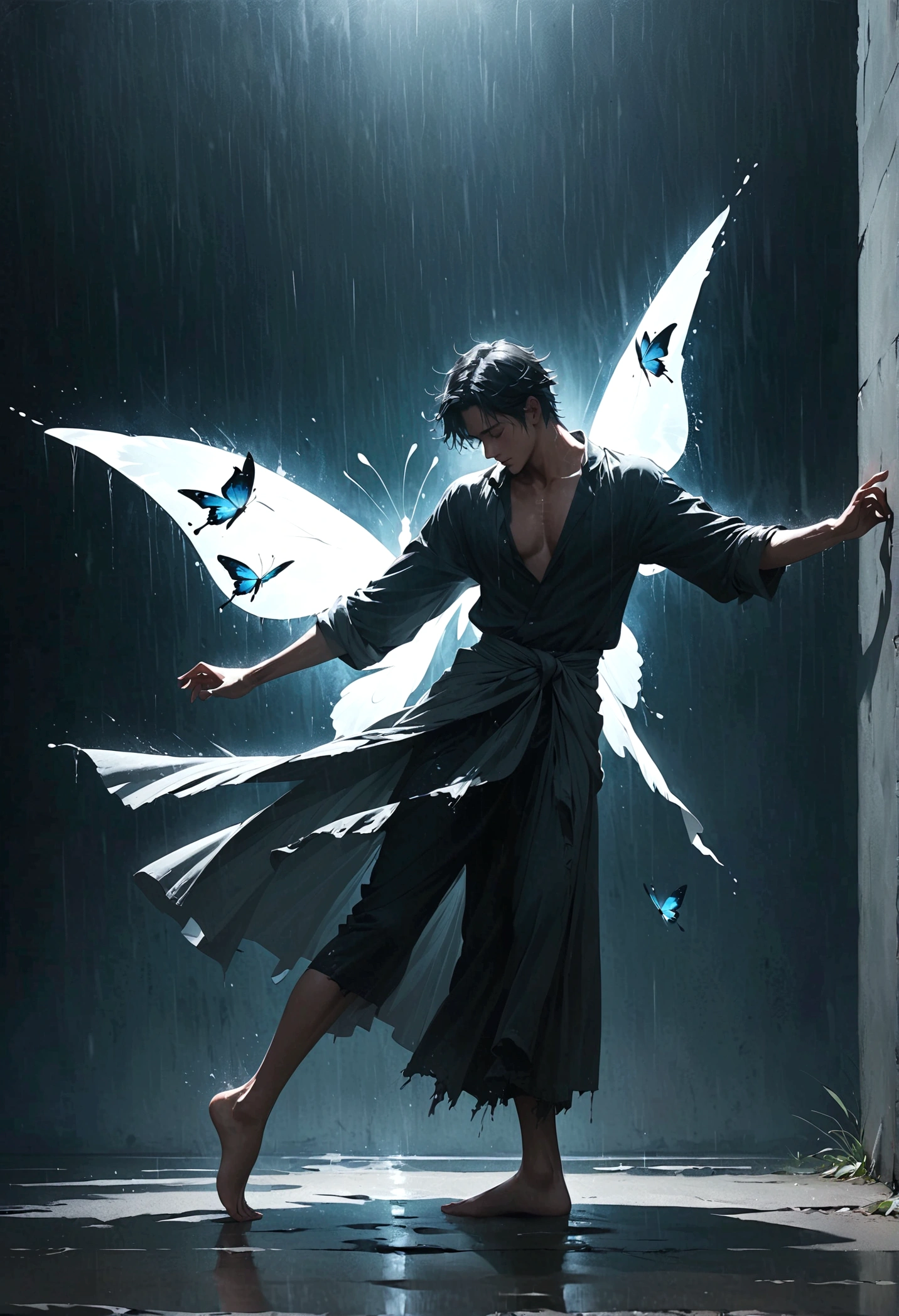 Soul Dancer Mark,A homeless man dancing alone in the rain,soul,Barefoot,Loose and worn clothes,Professional ballet movements,Fingertips 1 butterfly,Very contagious,Splash,Light and Shadow,Minimalism,artistic conception,Clean background