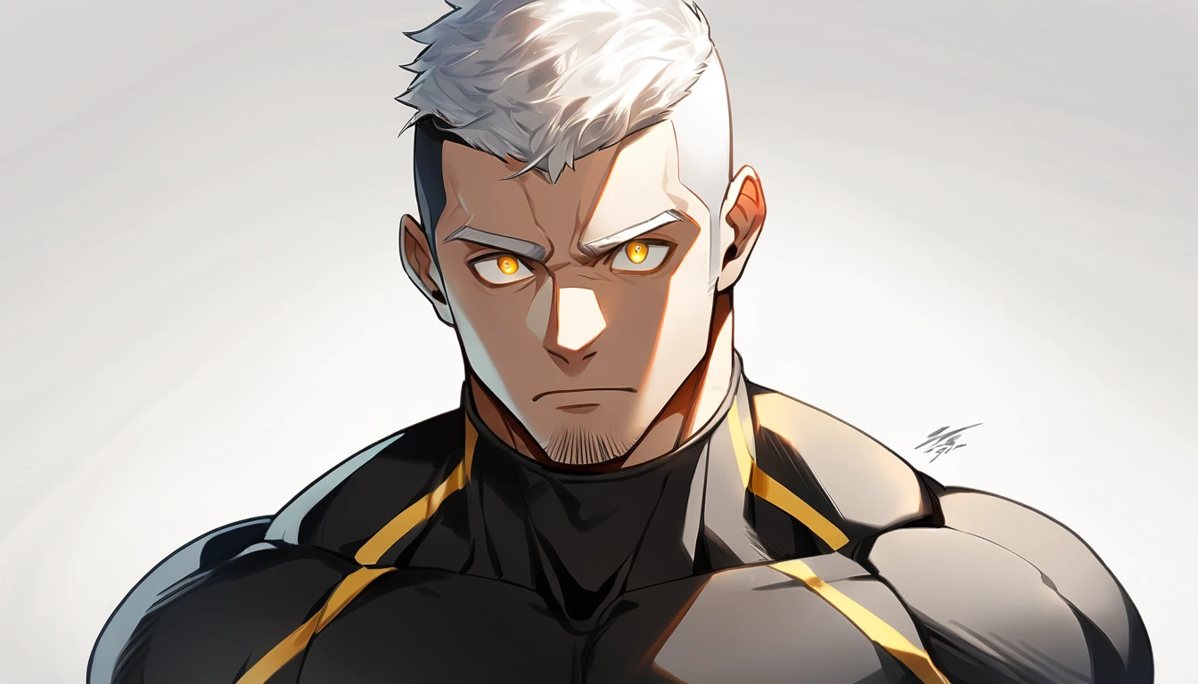 ung muscular man,male focus, Yellow and Balck high-necked compression tights, white hair, Buzz Cut,muscular male, muscular, only, Upper body, alone, White short hair, stubble, Yellow eyes, White background, simple background, amazing quality, best aesthetics, Ridiculous, bright pupils, sigh, crew cut, best quality