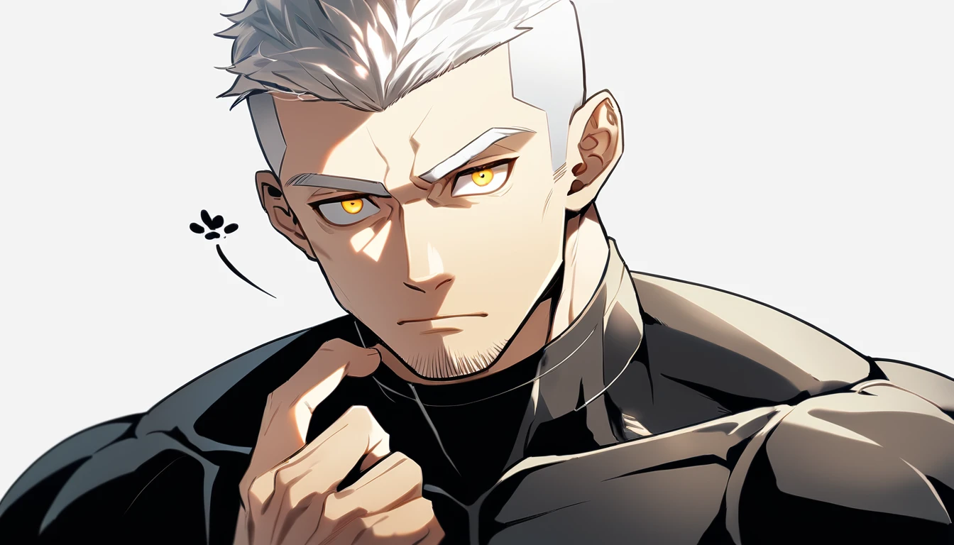 1 young muscular man,male focus, Yellow and Balck high-necked compression tights, white hair, Buzz Cut,muscular male, muscular, only, Upper body, alone, White short hair, stubble, Yellow eyes, White background, simple background, amazing quality, best aesthetics, Ridiculous, bright pupils, sigh, crew cut, best quality