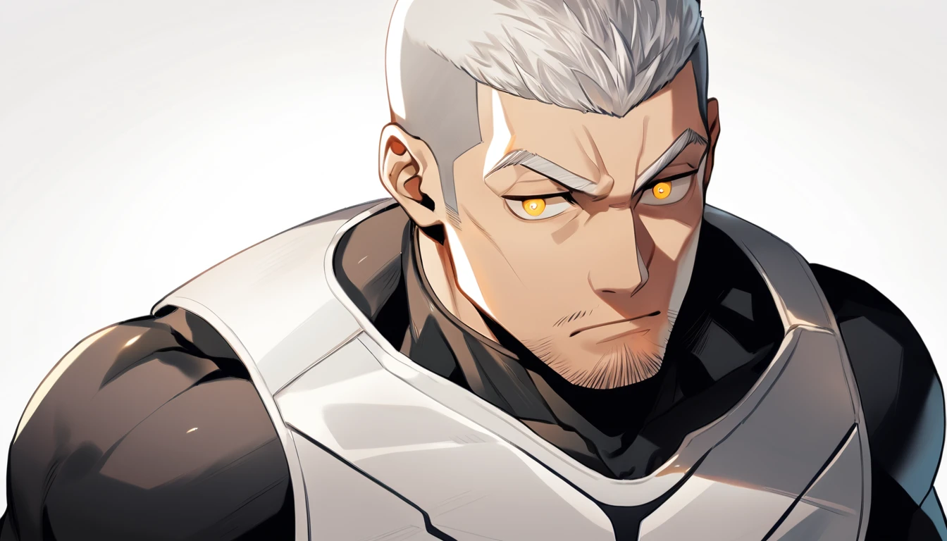 ung muscular man,male focus, Yellow and Balck high-necked compression tights, white hair, Buzz Cut,muscular male, muscular, only, Upper body, alone, White short hair, stubble, Yellow eyes, White background, simple background, amazing quality, best aesthetics, Ridiculous, bright pupils, sigh, crew cut, best quality