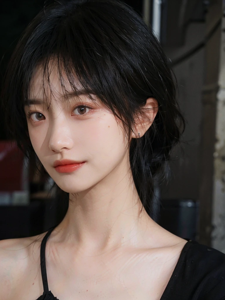 (Skin details:1.4), (smooth skin textures:1.3), (Upper body:1.4),(Upper Body:1.3),(Black clothes:1.4),Lipstick, background, earrings, serene, calm, (Realistic and detailed eyes:1.2), Natural skin texture, Realistic facial details, Soft dramatic lighting, Vivid details, 35 mm film, outdoor, (Photo Practical:1.4), (hyper Practical:1.4), (Practical:1.3), (Smoother lighting:1.05), (Improve lighting quality:0.9), (Highest quality real skin textures:1.4), Exquisite eyes, Delicate face, Close-up of face, (Enhance the beauty of skin texture:1.1),0Normal body proportions, short hair, Moles under the eyes, A faint smile,Portrait Photography, Depth of Field, Bokeh, Surrealism, Ray Tracing, (Portrait Photography:1.1), Surrealism, High Detail, Chiaroscuro, Ray Tracing, reflected light, Ultra HD, Ultra HD, masterpiece, Textured Skin, Super Detail, High Detail, high quality, best quality