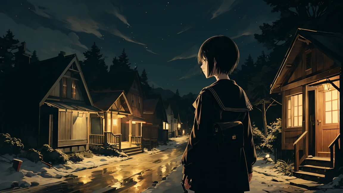 girl、alone,Temporarily stop, whole body, Sailor suit、held a pistol、Dim mountain road、Anime illustration、night、Illuminated by street lights、Black Hair、short hair、Back view、No house