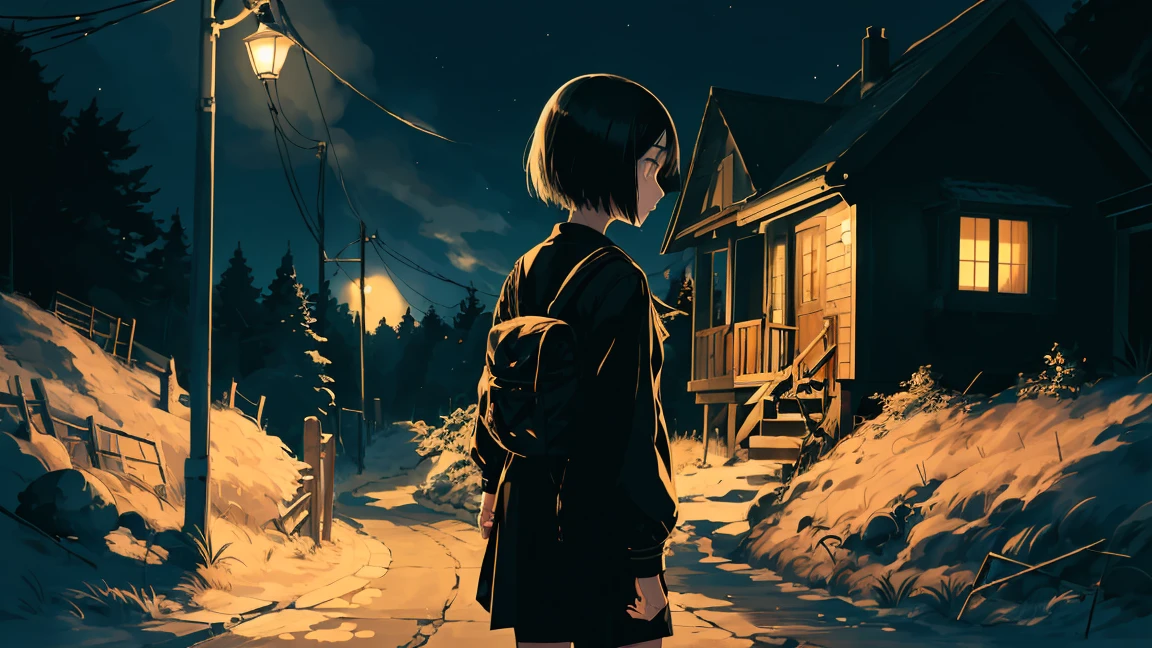 girl、alone,Temporarily stop, whole body, Sailor suit、held a pistol、Dim mountain road、Anime illustration、night、Illuminated by street lights、Black Hair、short hair、Back view、No house