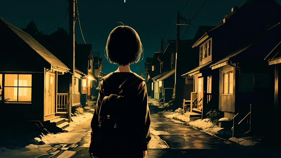 girl、alone,Temporarily stop, whole body, Sailor suit、held a pistol、Dim mountain road、Anime illustration、night、Illuminated by street lights、Black Hair、short hair、Back view、No house