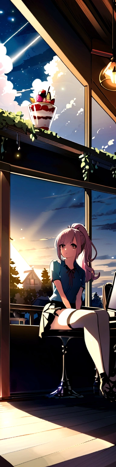 two girls sitting together, ponytail, pink hair, wallpaper, landscape, depth of field, night, light particles, light rays, sidelighting, thighs, skirt, thighhighs, cloud, cafe, sundae