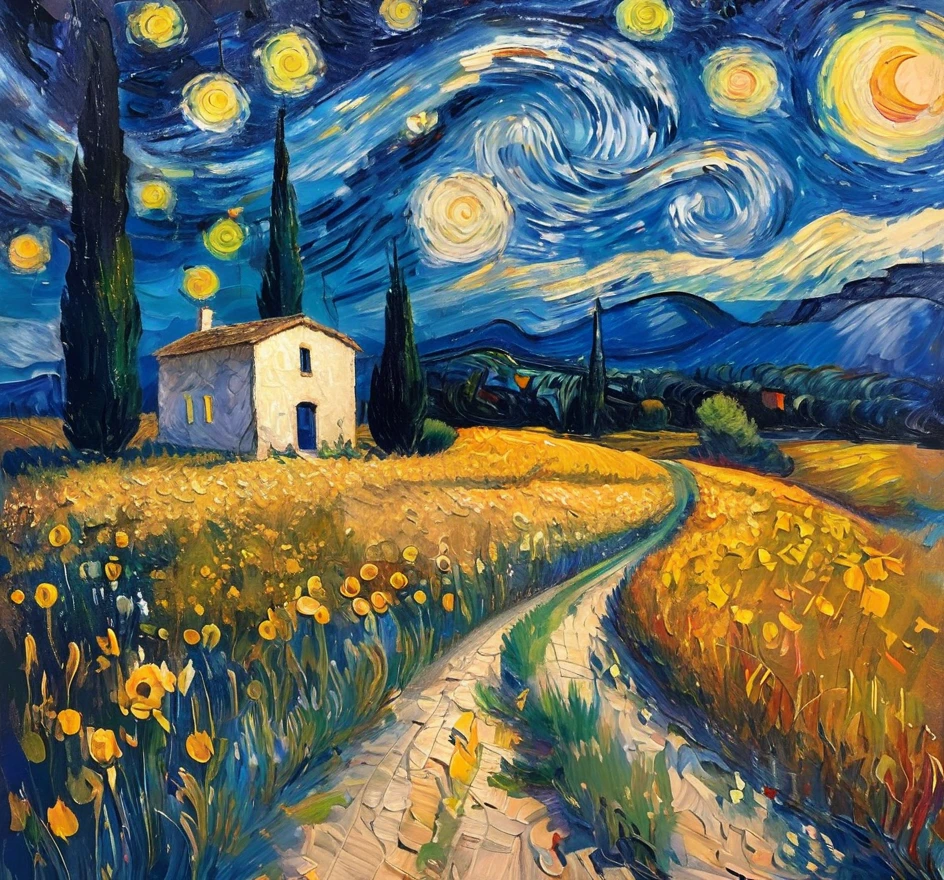 A Van Gogh-style painting depicting a vast wheat field under a starry night sky, with his iconic technique of vivid brushstrokes and vibrant colors. On the horizon, a spaceship illuminated with beams of colorful lights descends from the sky. In the foreground, a few people dressed in late 19th-century clothing stand with their backs to the viewer, watching the scene with curiosity and wonder. The light from the spaceship casts long, mysterious shadows on the field, creating an intriguing contrast with the serene, natural landscape