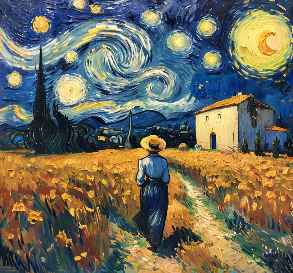 A Van Gogh-style painting depicting a vast wheat field under a starry night sky, with his iconic technique of vivid brushstrokes and vibrant colors. On the horizon, a spaceship illuminated with beams of colorful lights descends from the sky. In the foreground, a few people dressed in late 19th-century clothing stand with their backs to the viewer, watching the scene with curiosity and wonder. The light from the spaceship casts long, mysterious shadows on the field, creating an intriguing contrast with the serene, natural landscape