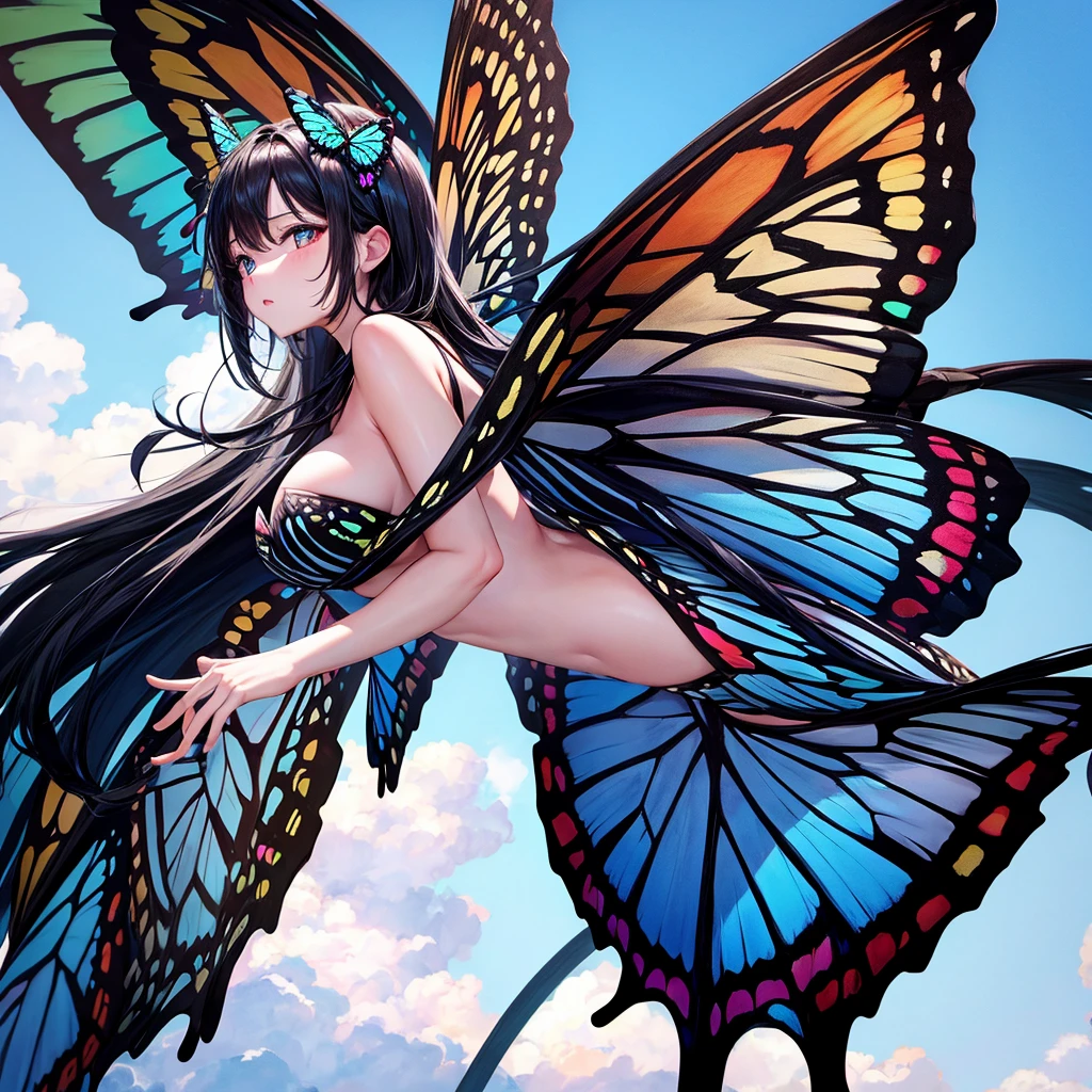 Large butterfly, one wing black white, a wing colorful, Background blue sky