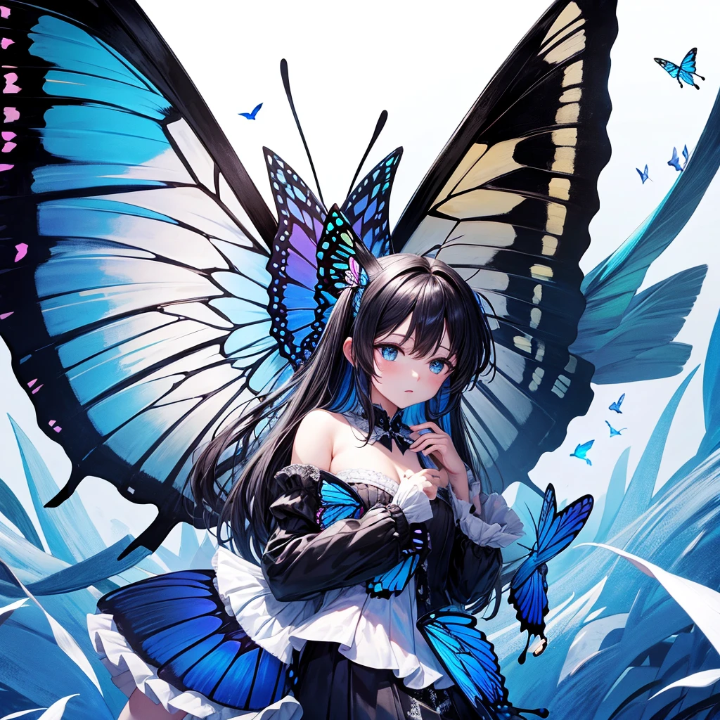 Large butterfly, one wing black white, a wing colorful, Background blue sky