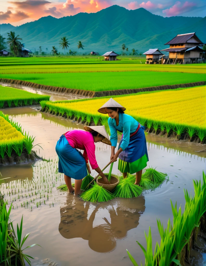 Realistic photo, 8k, masterpieces, rice paddy, beautiful scenery, colorful rice pady, Two young women from the village are harvesting rice from the field, perching in the muddy water, mountains in background, colorful sky, depth of field, wide shot, film grain, 8k,