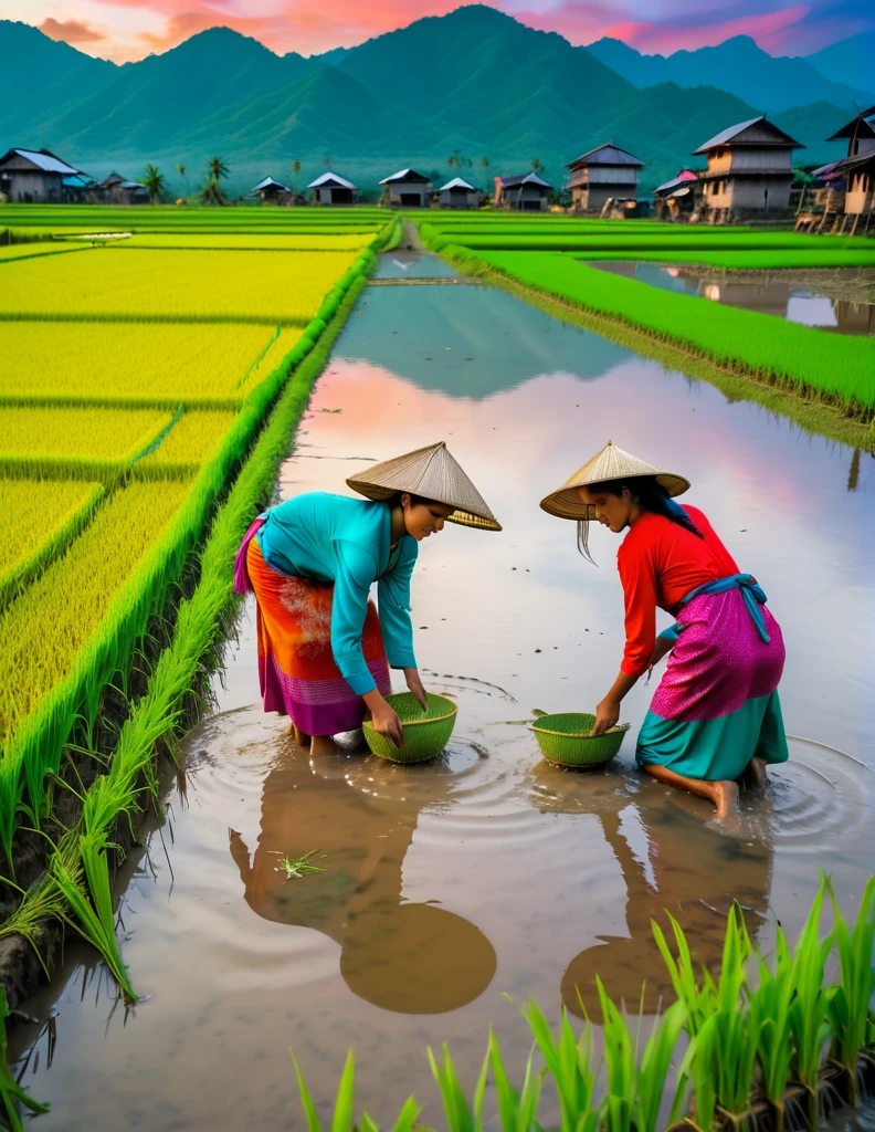 Realistic photo, 8k, masterpieces, rice paddy, beautiful scenery, colorful rice pady, Two young women from the village are harvesting rice from the field, perching in the muddy water, mountains in background, colorful sky, depth of field, wide shot, film grain, 8k,