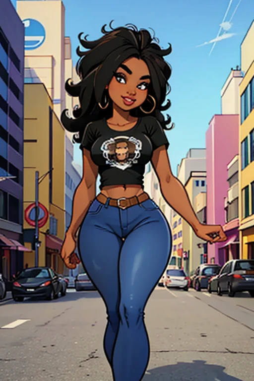Masterpiece, 1 girl, Black beautiful woman in her twenties, with huge , slim, with a tiny Waist and a round ass. Wearing jeans and a t-shirt that says Black Lives Matter. She has abundant curly hair, big blue eyes, small nose and full lips and playful smile. Located in the streets of a big city downtown.