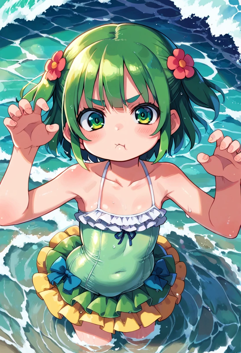 score_9, ,score_7_up, score_6_up, 1girl, source_cartoon, source_anime,breathtalking Scenery,watercolor,smooth soft skin, natural skin,mjm
BREAK 
(:1.4),(little female child:1.4), small breast,cute face, (lolidler:1.1), 6 yo,kawaii, (highlight on eyes), (jiggly:0.8), shiny skin,beautiful eyes, detailed eyes, puffy eyes,
BREAK 
(medium green hair:1.3),(green maro eyebrows:1.6),pouty and slightly grumpy,(pout:1.2), ::(, (jitome),(frown:0.6),white streaked hair, green eyes, 
BREAK 
darkgreen Skirt-style one-piece swimsuit,frills,flower print darkgreen swimsuit,ruffles,excessive detailed collarbone,exposed collarbone, dynamicangle,partially submerged,swimming
BREAK
dynamicpose,sea,wave,island,tropical,dynamicangle,breathtalking background, outdoors,pastelcolor,from above,