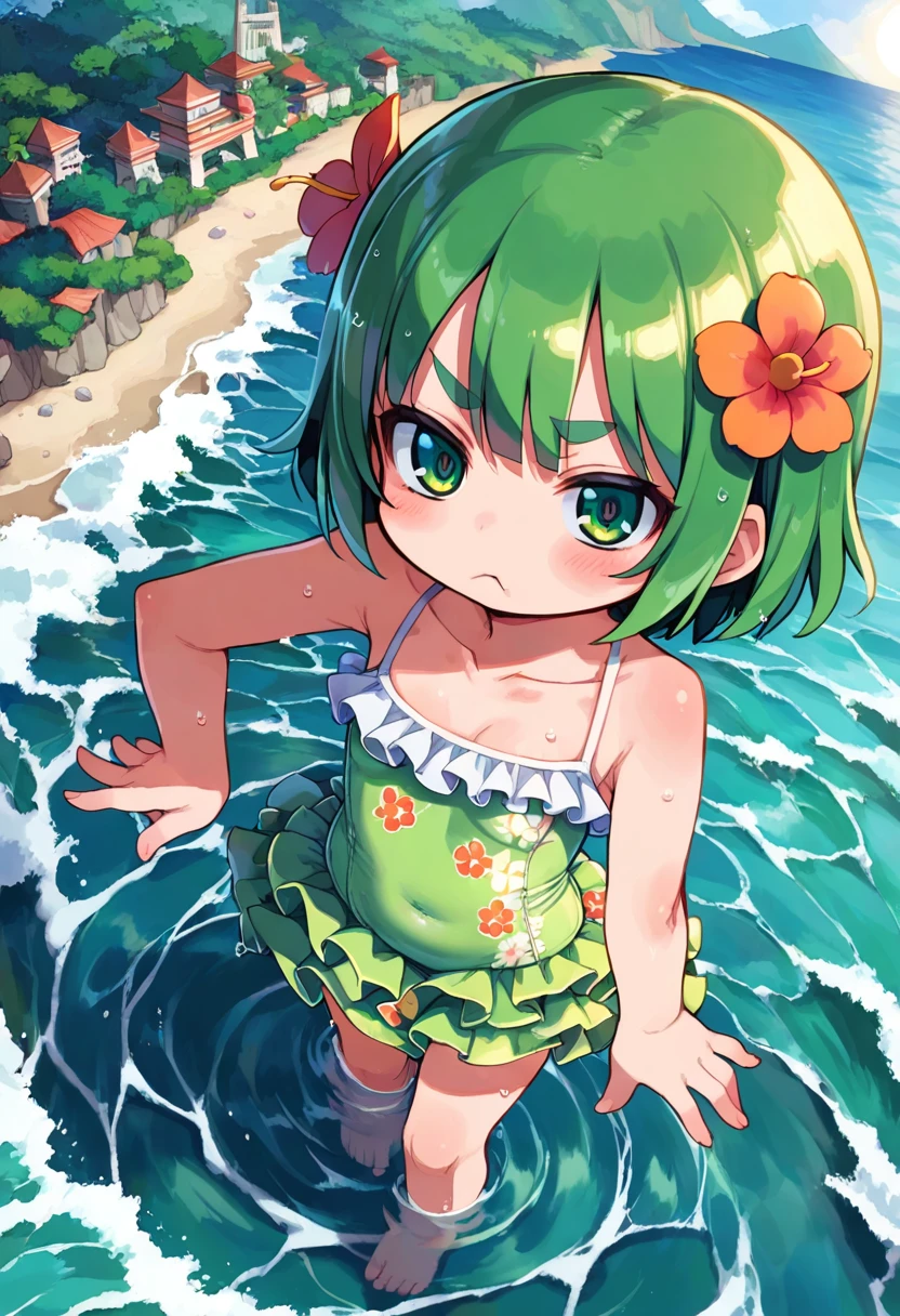 score_9, ,score_7_up, score_6_up, 1girl, source_cartoon, source_anime,breathtalking Scenery,watercolor,smooth soft skin, natural skin,mjm
BREAK
(:1.4),(little female child:1.4), small breast,cute face, (lolidler:1.1), 6 yo,kawaii, (highlight on eyes), (jiggly:0.8), shiny skin,beautiful eyes, detailed eyes, puffy eyes,
BREAK
(medium green hair:1.3),(green maro eyebrows:1.6),pouty and slightly grumpy,(pout:1.2), ::(, (jitome),(frown:0.6),white streaked hair, green eyes,
BREAK
darkgreen Skirt-style one-piece swimsuit,frills,flower print darkgreen swimsuit,ruffles,excessive detailed collarbone,exposed collarbone, dynamicangle,partially submerged,swimming
BREAK
dynamicpose,sea,wave,island,tropical,dynamicangle,breathtalking background, outdoors,pastelcolor,from above,