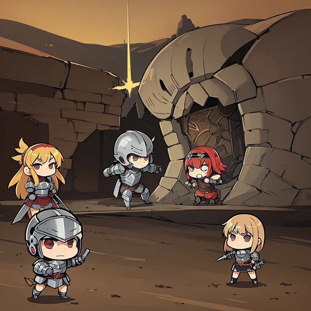 ((((Chibi Character))))、Highest quality, Best Quality,Best illustrations、(((Iron Helmet))),Medieval Armor、Medieval Knight、Full grey armor、(((20-year-old male)))、Dramatic Angle、(battle)、battlefield、Movement angle、Grab the sword、wasteland、(Fighting stance)、Run、(((Living in the desert)))、(Simple Background)、Grab the sword、10 people