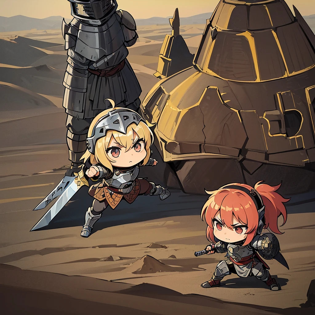 ((((Chibi Character))))、Highest quality, Best Quality,Best illustrations、(((Iron Helmet))),Medieval Armor、Medieval Knight、Full grey armor、(((20-year-old male)))、Dramatic Angle、(battle)、battlefield、Movement angle、Grab the sword、wasteland、(Fighting stance)、Run、(((Living in the desert)))、(Simple Background)、Grab the sword、10 people