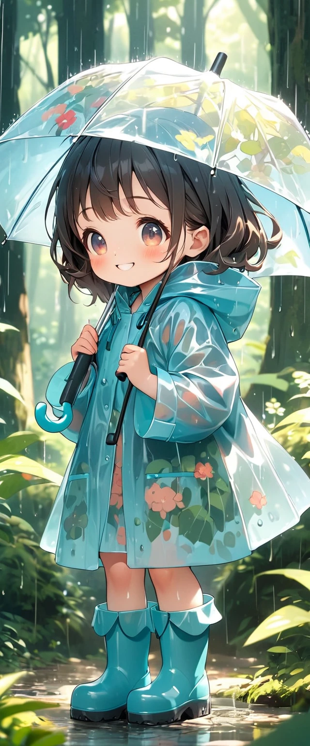 Playing in the summer forest!!A cute little girl, Wearing a cute raincoat and rain boots, holding a cute umbrella,在下著雨的Playing in the summer forest.Tilt your head and look at people with a smile.Close-up of character( Perfect anatomical structure )The whole body is perfectly presented and beautiful and the texture is extremely delicate，detailed, bright, Animation style high definition and high quality presentation