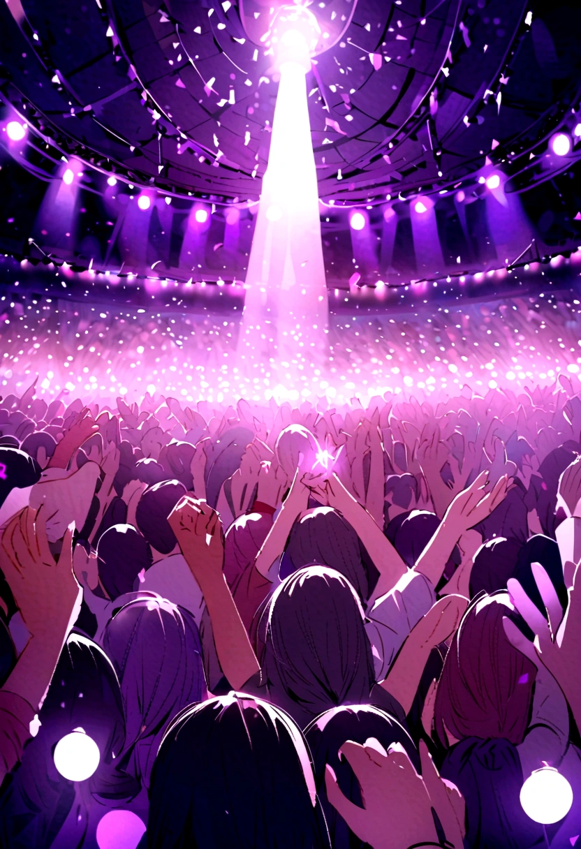 Portrays a rock concert scene full of joy and lively atmosphere, perfect hands, The audience with their hands in the air,event, party, rock, music, concert dome, purple highlights, laser purple, soft light purple