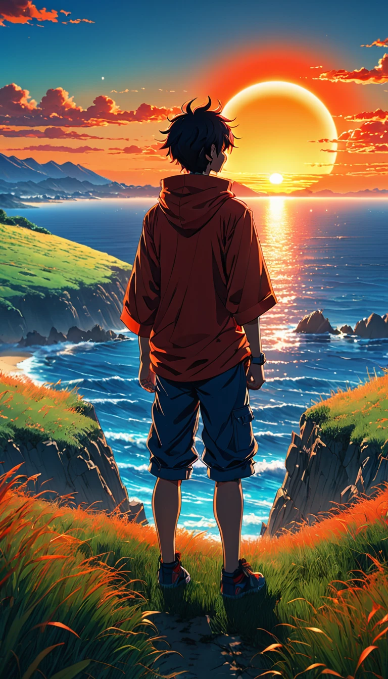 high quality, 8K Ultra HD, The image shows an anime boy looking out over the ocean at sunrise from a grassy hill, with a background of vibrant blue sky and red and orange hues of the sun. anime art wallpaper 4k, anime art wallpaper 4K, anime background, anime art wallpaper 8K, anime art background, anime landscape wallpaper, amazing wallpaper, high quality wallpaper definition,4k animated wallpaper,4k animated wallpaper,Aries Moross art,Bob Byerley art,AshleyWoodArtAI,greg rutkowski