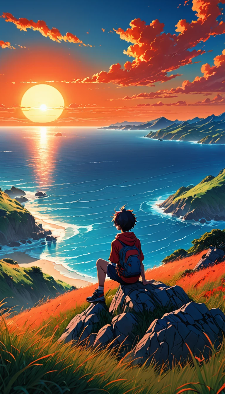 high quality, 8K Ultra HD, The image shows an anime boy looking out over the ocean at sunrise from a grassy hill, with a background of vibrant blue sky and red and orange hues of the sun. anime art wallpaper 4k, anime art wallpaper 4K, anime background, anime art wallpaper 8K, anime art background, anime landscape wallpaper, amazing wallpaper, high quality wallpaper definition,4k animated wallpaper,4k animated wallpaper,Aries Moross art,Bob Byerley art,AshleyWoodArtAI,greg rutkowski