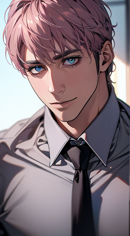 (best quality,4k,8k,highres,masterpiece:1.2),ultra-detailed,(realistic,photorealistic,photo-realistic:1.37),1 man,31 years old,mature man,very handsome,without expression,smile,short grey pink hair,blue eyes,penetrating gaze,perfect face without errors,imposing posture,businessman,office background,cinematic lighting,hdr image