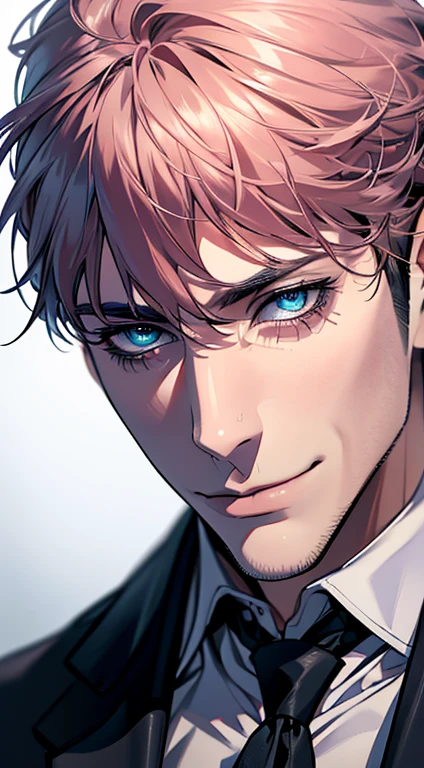 (best quality,4k,8k,highres,masterpiece:1.2),ultra-detailed,(realistic,photorealistic,photo-realistic:1.37),1 man,31 years old,mature man,very handsome,without expression,smile,short grey pink hair,blue eyes,penetrating gaze,perfect face without errors,imposing posture,businessman,office background,cinematic lighting,hdr image