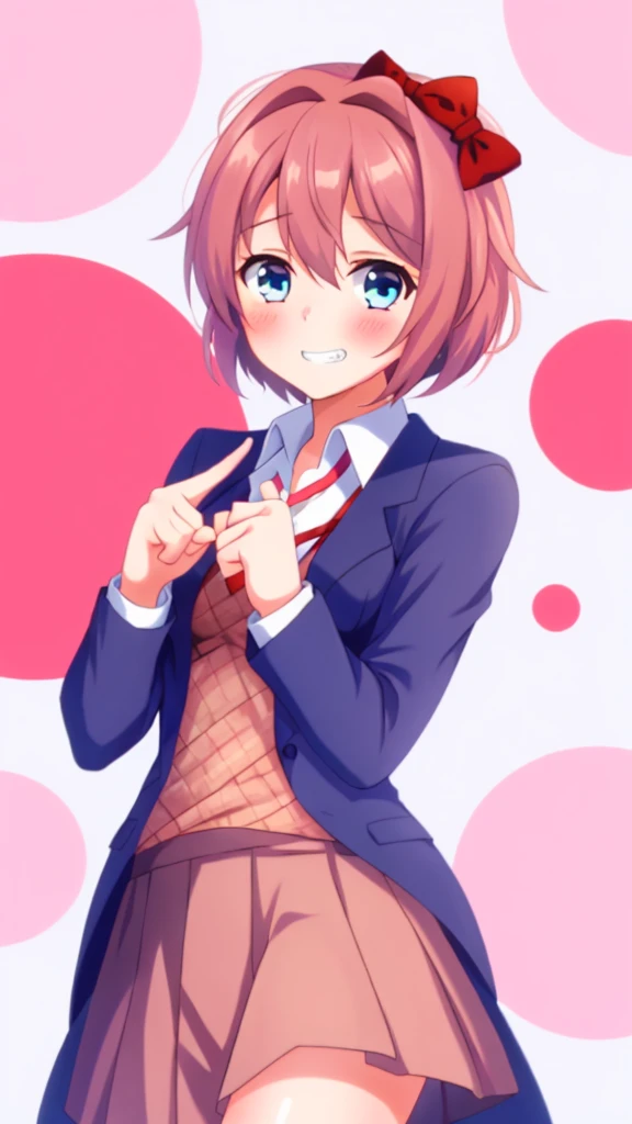 one girl, Sayori, DDLC, Doki Doki Literature Club, hair bow, school blazer, light blue eyes, index fingers together, shy, blush, smile awkwardly, feel sorry, Ehehe~, teeth, shifty eyes, girl don't look at me