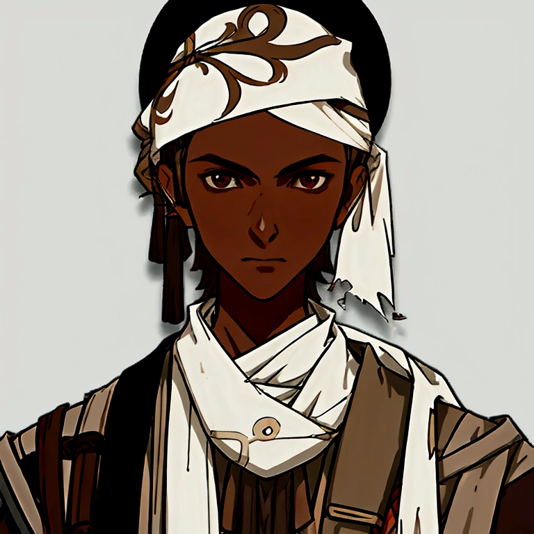 masterpiece, best quality, simple background, portrait, solo, 1boy, 30 years old, brown hair, white skin tone, assassin's clothes, bandana, beige clothes, torn clothes