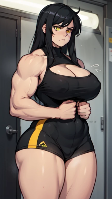 muscular girl large breast thick thighs black hair yellow eyes pale sad frown 