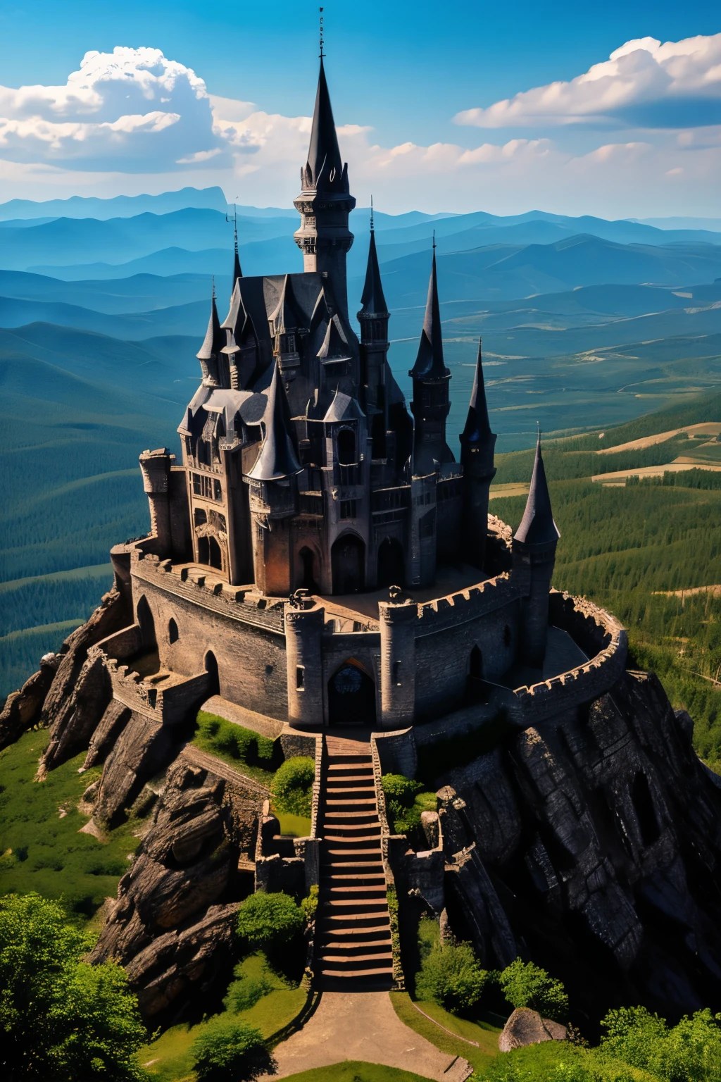 Fantasy Background.A dark castle seen from the top of a mountain.Witch flying in the sky