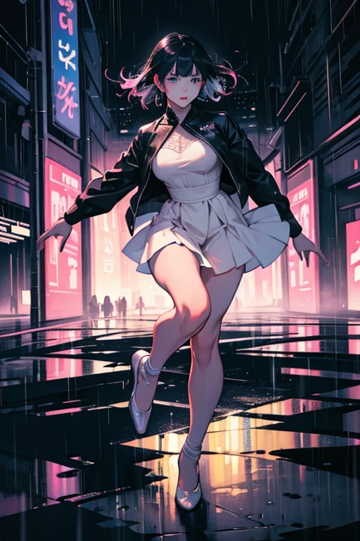 Heavy Rain、heavy rain、Lift your legs high、Dancing Ballet、Girl、Dynamic composition、Vibrant colors, Bold brushstrokes, High contrast shadows. In the foreground, 