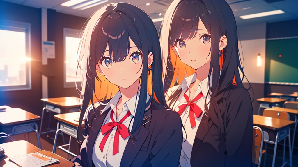 ((masterpiece)), (Bright colors), pretty girl, (Highest quality), (Super detailed), (Sharp focus), (Depth of written boundary), (Cinema Lighting), Black Hair, Long Hair, Iris, (avert your eyes), Dark Blue Blazer, shirt, ribbon, Upper Body, In the classroom
